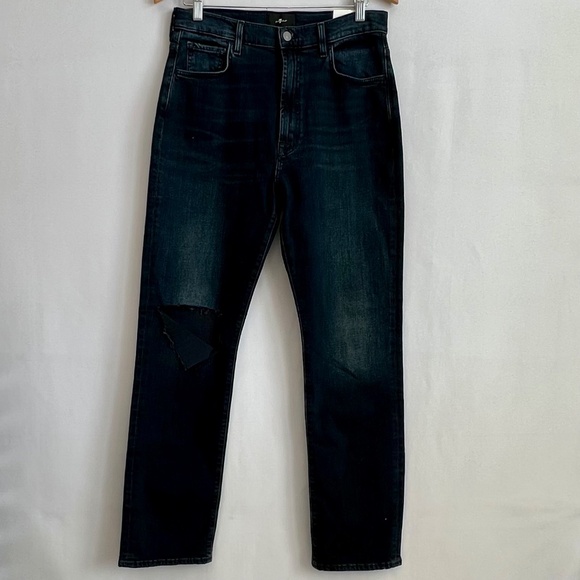 NWT 7 For All Mankind Easy Slim High Rise Blue Jeans Women's Size 31 Ripped Knee - Picture 1 of 12